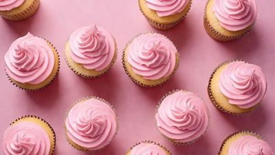 The image features a table with a pink background, topped with a dozen cupcakes. The cupcakes are arranged in a visually appealing manner, with some placed closer to the foreground and others further back. The cupcakes are decorated with pink frosting and sprinkles, adding a touch of color and festivity to the scene. The overall atmosphere is cheerful and inviting, perfect for a celebration or gathering.