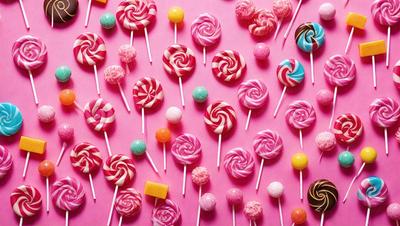 The primary subject of the image is a large collection of colorful lollipops. The lollipops are arranged in various positions, creating a visually appealing scene. The setting is a pink background, which adds to the overall atmosphere of the image. The visual style is a combination of photo and digital art, as the lollipops are displayed in a way that resembles a painting or a digital illustration. The colors and mood of the image are vibrant and cheerful, with the lol