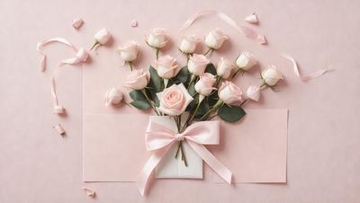 The primary subject of the image is a bouquet of pink roses. The roses are arranged in a pink bow, creating a visually appealing and elegant presentation. The setting is a pink background, which complements the roses and adds to the overall aesthetic of the image. The visual style is a close-up of the bouquet, allowing the viewer to appreciate the details of the roses and the bow. The colors and mood of the image are predominantly pink, which ev