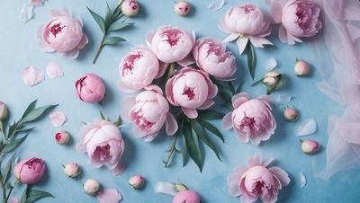The primary subject of the image is a bouquet of pink flowers, which are the main focus of the scene. The flowers are arranged on a blue surface, creating a visually appealing contrast between the pink flowers and the blue background. The visual style of the image is a close-up of the flowers, showcasing their details and beauty. The colors and mood of the image are predominantly pink, which gives the scene a warm and inviting atmosphere.