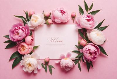 The primary subject of the image is a card with a pink background and a bouquet of flowers. The card is decorated with a pink flower and the word "mori" written on it. The setting is a pink background, and the visual style is a photo. The colors and mood of the image are predominantly pink, creating a warm and inviting atmosphere.