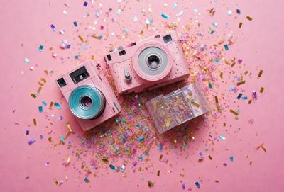 The primary subject of the image is a pink camera, which is placed on a pink background. The setting appears to be a creative and playful environment, possibly a photography studio or a themed event. The visual style of the image is a combination of photography and digital art, as the pink camera is digitally manipulated to create a unique and eye-catching effect. The colors and mood of the image are predominantly pink, which adds a sense of warmth and creativity to the scene