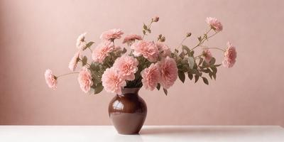 The primary subject of the image is a vase filled with pink flowers. The vase is placed on a white table, creating a contrast between the vibrant pink flowers and the neutral background. The visual style of the image is a close-up of the vase and flowers, showcasing the details of the arrangement. The colors and mood of the image are predominantly pink, creating a warm and inviting atmosphere.