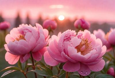 The primary subject of the image is a group of pink flowers, which are the main focus of the scene. The flowers are located in a field, with a backdrop of a sunset. The visual style of the image is a photo, capturing the beauty of the flowers and their surroundings. The colors in the image are predominantly pink, creating a warm and inviting atmosphere.