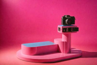 The primary subject of the image is a camera, which is placed on a pink stand. The setting is a pink background, and the visual style appears to be a photo. The colors in the image are predominantly pink, creating a warm and inviting atmosphere.
