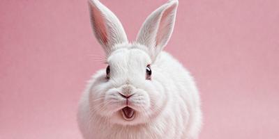 The primary subject of the image is a white rabbit with pink ears, sitting on a pink background. The visual style of the image is a photo, and the dominant colors are white and pink. The overall atmosphere of the image is playful and cute, as the rabbit appears to be smiling.