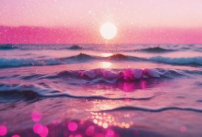 The primary subject of the image is a beautiful sunset over the ocean. The setting is a serene beach with the ocean in the background. The visual style is a combination of photo and digital art, creating a stunning and vibrant scene. The colors and mood of the image are predominantly pink, which adds a sense of warmth and tranquility to the scene.