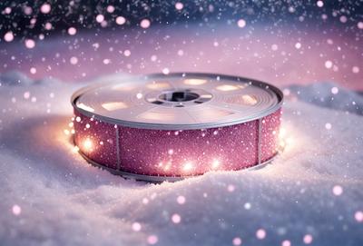 The primary subject of the image is a roll of pink tape, which is placed on a snowy surface. The setting is a wintery environment, with snow covering the ground. The visual style of the image is a photo, capturing the details of the pink tape and the snowy background. The colors and mood of the image are predominantly pink and cold, reflecting the winter season and the snowy landscape.