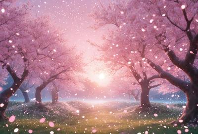 The primary subject of the image is a beautiful, pink cherry blossom tree with a sunset in the background. The setting is a lush green field, and the visual style is a combination of photo and digital art. The dominant colors are pink and green, creating a serene and peaceful atmosphere.
