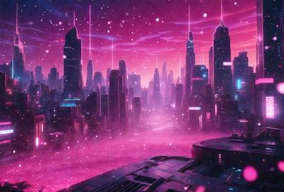 The primary subject of the image is a futuristic cityscape with a pink skyline. The setting is a city with tall buildings and a large dome structure. The visual style is a digital art or illustration, creating a surreal and dreamy atmosphere. The colors and mood are predominantly pink, giving the scene a unique and whimsical appearance.
