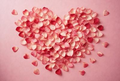 The primary subject of the image is a heart-shaped arrangement of pink petals, which are likely rose petals. The heart is placed on a pink surface, creating a visually appealing and romantic scene. The visual style of the image is a close-up of the heart, emphasizing the details of the petals and their arrangement. The colors and mood of the image are predominantly pink, which is often associated with love and affection.