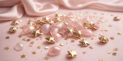 The primary subject of the image is a pink star-shaped decoration, which is placed on a pink surface. The setting is a pink background, and the visual style appears to be a combination of a photo and digital art. The dominant colors in the image are pink and gold, creating a warm and inviting atmosphere.