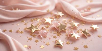 The primary subject of the image is a pink surface with gold stars scattered across it. The setting appears to be a pink background, and the visual style is a close-up of the gold stars on the pink surface. The colors and mood of the image are predominantly pink and gold, creating a warm and inviting atmosphere.