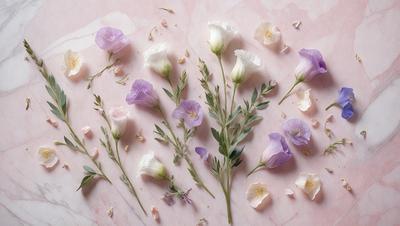 The primary subject of the image is a bouquet of flowers, which are arranged on a pink marble surface. The flowers are white and purple, creating a visually appealing contrast against the pink background. The setting appears to be a studio or a carefully arranged display, as the flowers are placed in a way that highlights their beauty. The visual style of the image is a close-up of the flowers, emphasizing their details and textures. The overall atmosphere of the image is elegant and serene, with the flowers