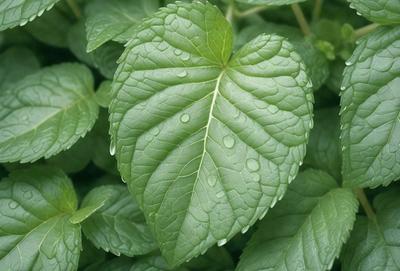 The primary subject of the image is a leaf with water droplets on it. The leaf is green and appears to be a part of a plant. The setting is outdoors, with the leaf placed on a surface. The visual style is a close-up of the leaf, showcasing its details. The colors are predominantly green, and the overall atmosphere is calm and serene.