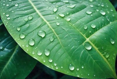 The primary subject of the image is a large green leaf with water droplets on it. The leaf is the main focus of the image, and it is placed in a setting with a background of a green plant. The visual style of the image is a close-up of the leaf, showcasing the water droplets on its surface. The colors in the image are predominantly green, with the water droplets adding a touch of blue. The overall atmosphere of the image is serene and natural, as it captures