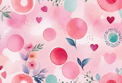 The primary subject of the image is a pink and white floral pattern. The setting is a pink background, and the visual style is a combination of watercolor and digital art. The dominant colors are pink and white, creating a warm and inviting atmosphere.