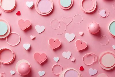 The primary subject of the image is a collection of pink hearts, which are arranged on a pink background. The hearts are made of paper and come in various shapes and sizes. The setting is a pink table, and the visual style is a combination of digital art and illustration. The dominant colors in the image are pink and white, creating a warm and cheerful atmosphere.