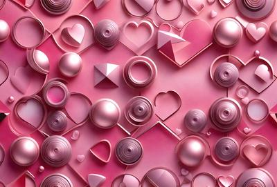 The primary subject of the image is a collection of pink and white hearts, which are arranged in various shapes and sizes. The hearts are placed on a pink background, creating a visually appealing and playful scene. The visual style of the image is a combination of photo and digital art, as it features a close-up view of the hearts and their arrangement. The colors and mood of the image are predominantly pink and white, giving it a warm and cheerful atmosphere.