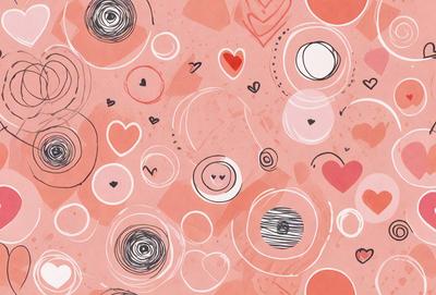 The primary subject of the image is a collection of hearts, which are scattered across a pink background. The hearts are of various sizes and are placed in different positions, creating a visually appealing and playful scene. The setting appears to be a creative and artistic environment, possibly a drawing or illustration. The overall atmosphere is warm, inviting, and full of love.