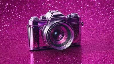 The primary subject of the image is a purple camera. The setting is a pink background, which creates a visually striking contrast with the camera. The visual style is a close-up of the camera, emphasizing its details. The colors and mood of the image are predominantly pink, giving it a vibrant and lively atmosphere.