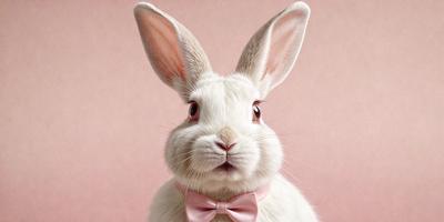 The primary subject of the image is a white rabbit with pink ears and a pink bow tie. The rabbit is standing in front of a pink background, which adds a touch of color to the scene. The visual style of the image is a close-up of the rabbit, showcasing its features and the pink bow tie. The colors and mood of the image are predominantly pink, creating a warm and friendly atmosphere.