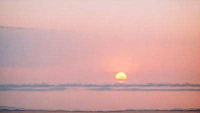The primary subject of the image is a sunset, with the sun setting behind a cloudy sky. The setting is a cloudy sky, and the visual style is a painting. The colors and mood of the image are dominated by the warm hues of the sunset and the cloudy sky, creating a serene and peaceful atmosphere.