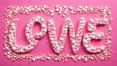 The primary subject of the image is a pink background with a white letter "W" made out of marshmallows. The setting is a pink surface, and the visual style appears to be a creative and playful arrangement of marshmallows. The colors and mood of the image are predominantly pink and white, giving it a cheerful and fun atmosphere.