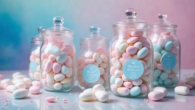 The primary subject of the image is a collection of marshmallows, which are displayed in three glass jars. The marshmallows come in various colors, including pink, white, and blue. The setting is a table, and the visual style is a close-up of the marshmallows in the jars. The colors and mood of the image are bright, cheerful, and inviting, as the marshmallows are presented in a visually appealing manner.