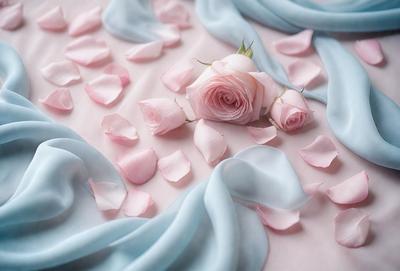 The primary subject of the image is a single pink rose, which is placed on a bed of pink petals. The setting is a pink and blue sheet, creating a serene and romantic atmosphere. The visual style is a close-up of the rose, emphasizing its beauty and delicate petals. The colors and mood of the image are predominantly pink and blue, evoking a sense of love and tranquility.