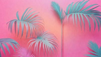The primary subject of the image is a large, colorful palm tree. The tree is prominently displayed in the foreground, with its leaves and branches filling the frame. The setting is a pink wall, which serves as a vibrant and eye-catching backdrop for the palm tree. The visual style of the image is a combination of photo and digital art, creating a unique and artistic representation of the palm tree. The dominant colors in the image are pink and green, giving the scene a warm