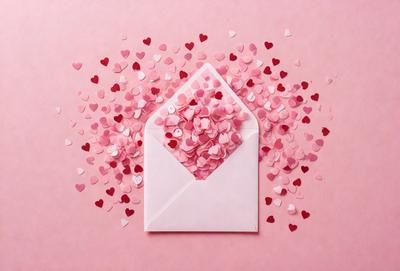 The primary subject of the image is a white envelope with pink hearts on it. The envelope is placed on a pink background, which adds to the overall mood of the scene. The visual style of the image is a close-up of the envelope, showcasing the details of the hearts and the envelope itself. The colors and mood of the image are predominantly pink, which gives it a warm and romantic atmosphere.