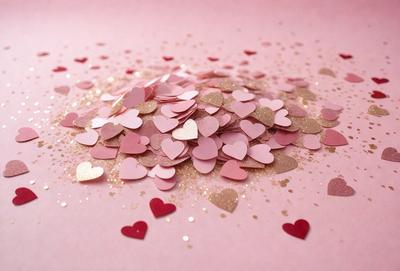 The primary subject of the image is a pile of pink hearts, which are scattered across a pink surface. The hearts are made of glittery paper, giving them a shiny and eye-catching appearance. The setting appears to be a pink background, which complements the color of the hearts. The visual style of the image is a close-up of the hearts, emphasizing their texture and details. The overall atmosphere of the image is warm, romantic, and playful, as the hearts are often associated with