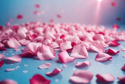 The primary subject of the image is a pile of pink petals, which are scattered across a blue surface. The setting appears to be a studio or a controlled environment, as the petals are arranged in a visually appealing manner. The visual style of the image is a combination of photo and digital art, creating a unique and artistic representation of the pink petals. The colors and mood of the image are predominantly pink, which gives it a warm and inviting atmosphere.