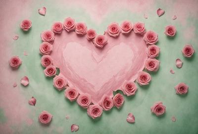 The primary subject of the image is a heart-shaped arrangement of pink roses. The heart is made up of multiple pink roses, creating a visually appealing and romantic display. The setting is a green background, which provides a contrasting and complementary color to the pink roses. The visual style of the image is a combination of digital art and illustration, as the heart is skillfully crafted to resemble a heart shape. The colors and mood of the image are predominantly pink