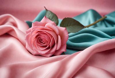 The primary subject of the image is a single pink rose. The rose is placed on a pink and blue cloth, which serves as the setting and background. The visual style of the image is a close-up of the rose, showcasing its details and beauty. The dominant colors in the image are pink and blue, creating a warm and inviting atmosphere.
