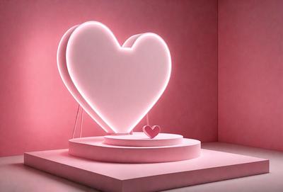 The primary subject of the image is a heart-shaped light, which is illuminated and placed on a pink pedestal. The setting is a pink room, and the visual style appears to be a combination of digital art and photography. The heart-shaped light is the main focus of the image, and the overall atmosphere is warm and inviting.