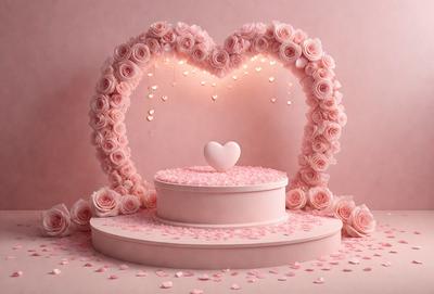 The primary subject of the image is a heart-shaped cake with a pink base, adorned with pink roses. The cake is placed on a pink pedestal, which is surrounded by a pink carpet. The setting is a pink room, creating a warm and romantic atmosphere. The visual style is a combination of digital art and illustration, with the roses and cake being the main focus of the image. The colors and mood of the image are predominantly pink