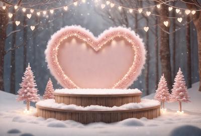 The primary subject of the image is a heart-shaped structure made of wood, covered in snow. The heart is situated in a snowy environment, surrounded by trees. The visual style of the image is a combination of photo and digital art, creating a unique and artistic representation of the heart. The colors and mood of the image are predominantly white and cold, reflecting the wintery atmosphere.