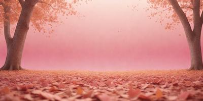 The primary subject of the image is a tree with a pink sky in the background. The setting is a forest with a pink sky, and the visual style is a digital art or illustration. The colors and mood of the image are predominantly pink, creating a serene and calming atmosphere.