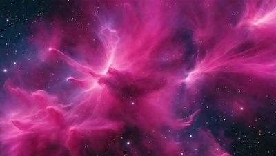 The primary subject of the image is a pink nebula, which is a large, diffuse cloud of gas and dust in space. The setting is a dark, starry sky, with the nebula being the main focus of the image. The visual style is a combination of a photo and digital art, creating a unique and captivating representation of the pink nebula. The colors and mood of the image are predominantly pink, which gives the scene a warm and serene atmosphere.