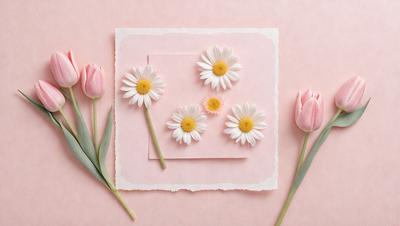 The primary subject of the image is a bouquet of white flowers, which are placed on a pink background. The flowers are arranged in a square shape, with four distinct flowers visible. The setting appears to be a cozy and warm environment, likely a home or a special event. The visual style of the image is a combination of photo and digital art, creating a harmonious and visually appealing composition. The colors and mood of the image are predominantly pink and warm, evoking feelings of love, happiness,