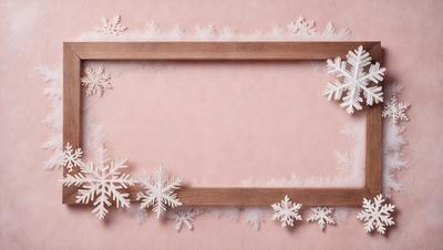 The primary subject of the image is a wooden frame with snowflakes on it. The frame is made of wood and has a pink background. The snowflakes are white and are arranged in a pattern on the frame. The visual style of the image is a combination of photo and digital art, creating a unique and creative design. The colors and mood of the image are predominantly pink and white, giving it a warm and inviting atmosphere.