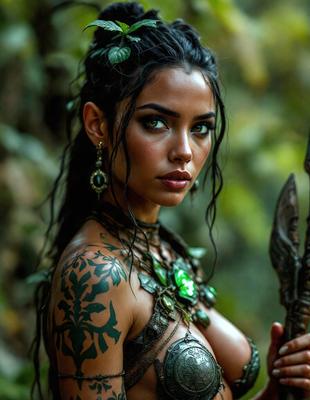 The primary subject of the image is a woman with tattoos and a green necklace. She is posing for the camera, and her outfit includes a green dress. The setting is a forest, with trees in the background. The visual style is a combination of photo and digital art, creating a unique and intriguing image. The colors are predominantly green, with the woman's outfit and the necklace adding a touch of color to the scene. The overall atmosphere is one of mystery and allure, as the