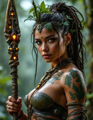The primary subject of the image is a woman with dreadlocks, wearing a green and brown outfit, and holding a staff. She is standing in a forest setting, surrounded by trees. The visual style of the image is a combination of photo and digital art, creating a unique and intriguing scene. The colors and mood of the image are predominantly green and earthy, reflecting the natural environment of the forest.