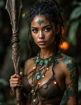 The primary subject of the image is a woman with tattoos and a green headband. She is holding a wooden staff and appears to be in a forest setting. The visual style of the image is a combination of photo and digital art, creating a unique and intriguing atmosphere. The colors in the image are predominantly green, which adds to the natural and serene mood of the scene.