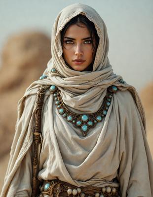 The primary subject of the image is a woman wearing a long, flowing white robe. She is standing in front of a rocky background, which adds to the overall atmosphere of the scene. The visual style of the image is a photo, capturing the woman's beauty and the intricate details of her outfit. The colors in the image are predominantly neutral, with the white robe and the rocky background creating a serene and peaceful mood.