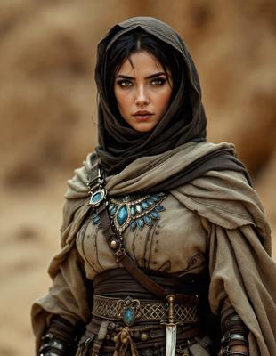 The primary subject of the image is a woman wearing a brown and grey outfit, with a hood and a head scarf. She is standing in a desert-like environment, which serves as the setting for the scene. The visual style of the image is a combination of photo and digital art, creating a unique and intriguing atmosphere. The colors in the image are predominantly brown and grey, which contribute to the overall mood of the scene.