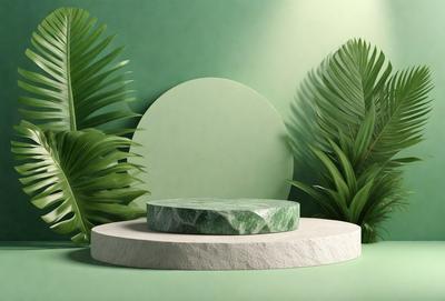 The primary subject of the image is a large, round, green stone. The stone is placed on a white pedestal, which is situated on a green background. The visual style of the image is a photo, capturing the natural beauty of the stone and its surroundings. The colors and mood of the image are predominantly green, with the stone and the background creating a serene and calming atmosphere.