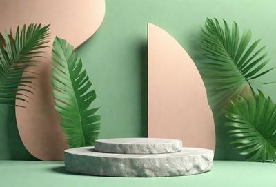 The primary subject of the image is a stone table with a round top, placed on a green surface. The table is surrounded by palm trees, creating a tropical and serene atmosphere. The visual style of the image is a combination of photo and digital art, with the green surface and palm trees adding a natural touch to the scene. The colors and mood of the image are predominantly green and calming, evoking a sense of relaxation and tranquility.